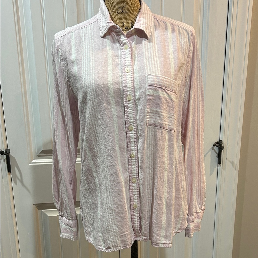 LOFT Pink and White Striped Button Down Shirt